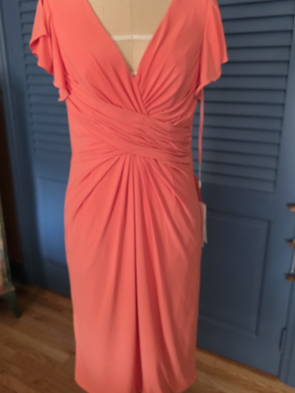 Mac Duggal Flounce Sleeve Ruched Jersey Midi Dress Sunset Coral 10